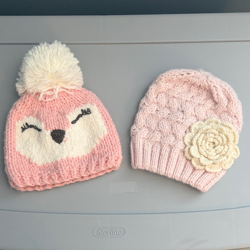 Pink and Cream Knitted Baby Beanie Set